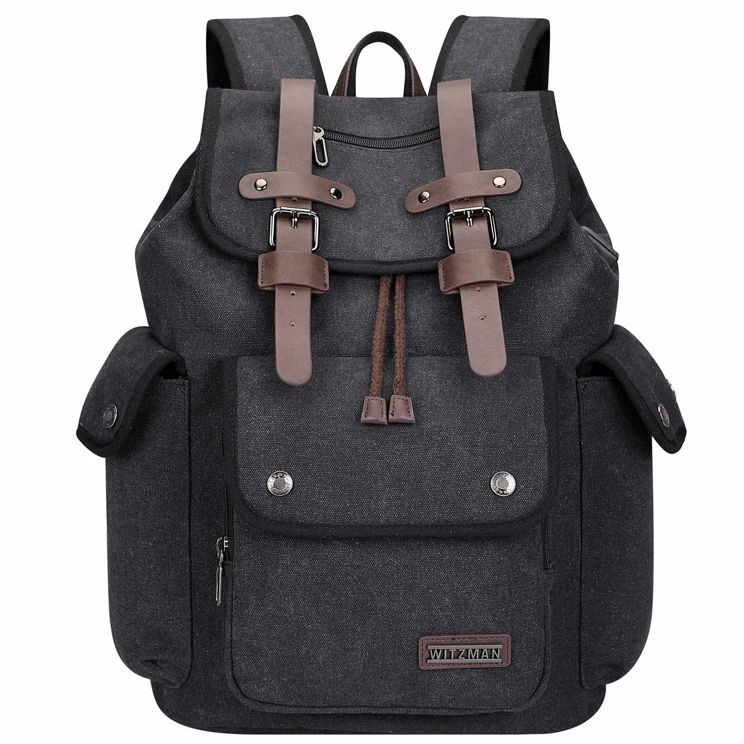 Canvas travel backpack with drawstring closure and laptop compartment for men and women a8004-2 black