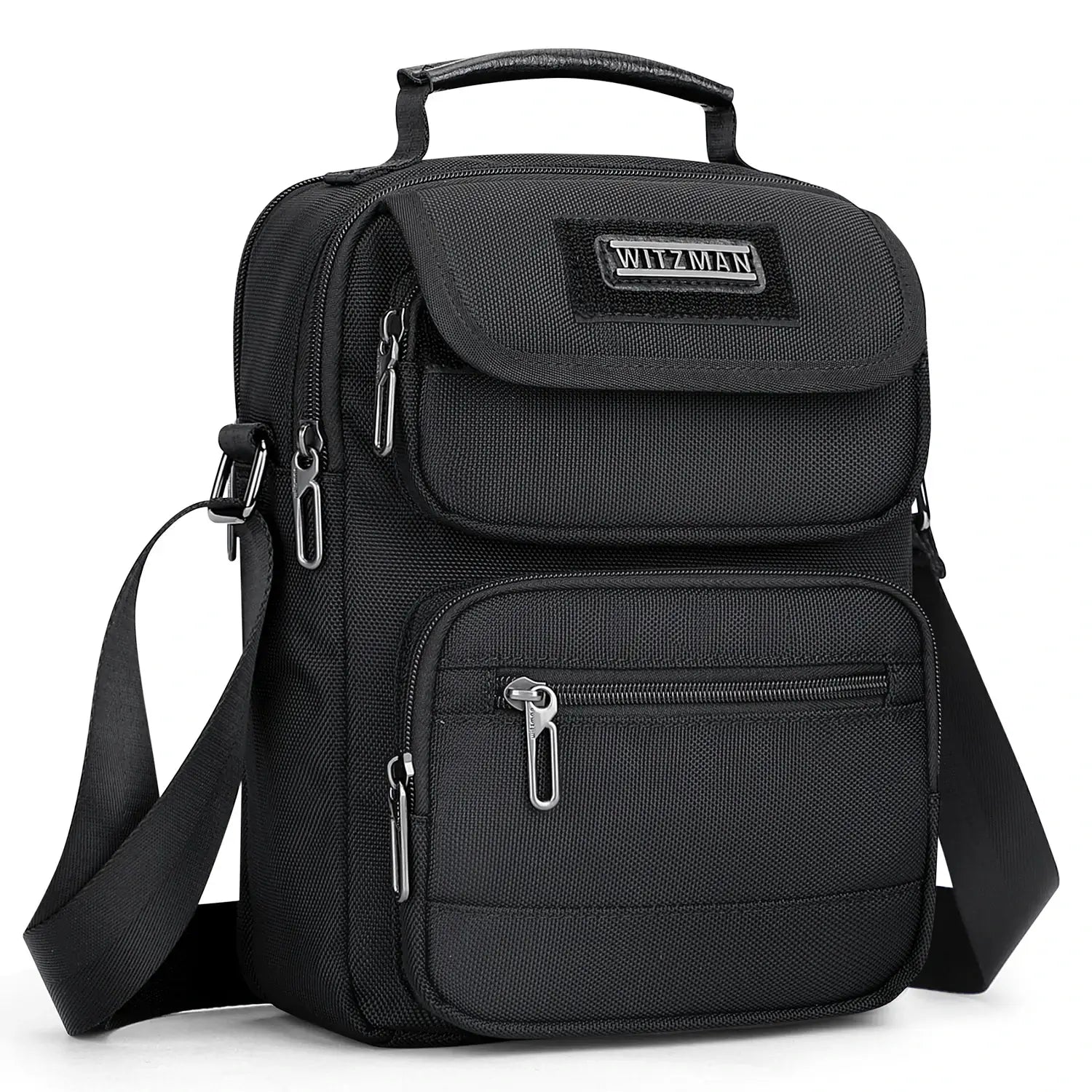 WITZMAN men’s black nylon crossbody sling bag with multiple compartments and iPad pocket B710