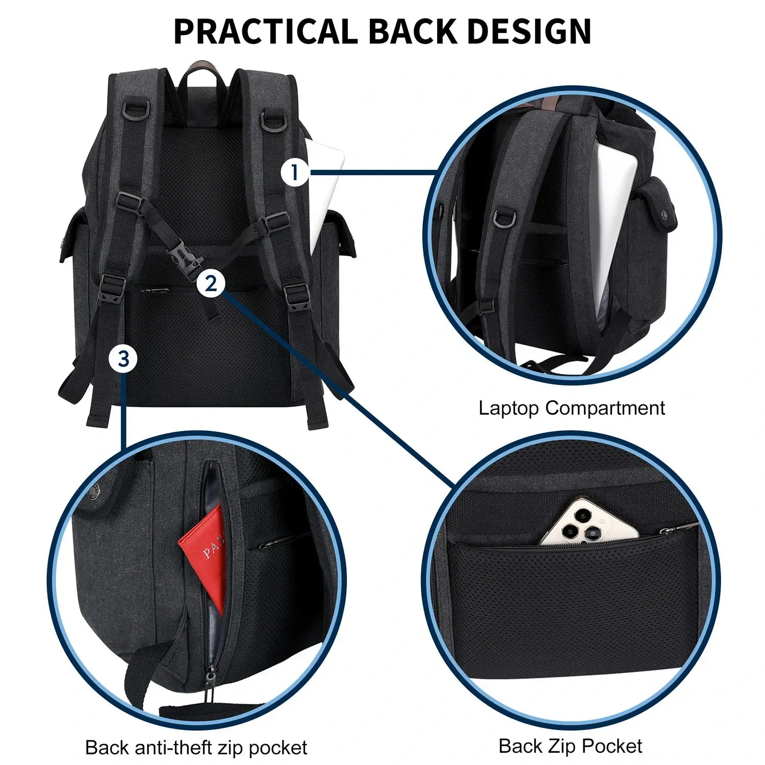 Canvas travel backpack with drawstring closure and laptop compartment for men and women a8004-2 black