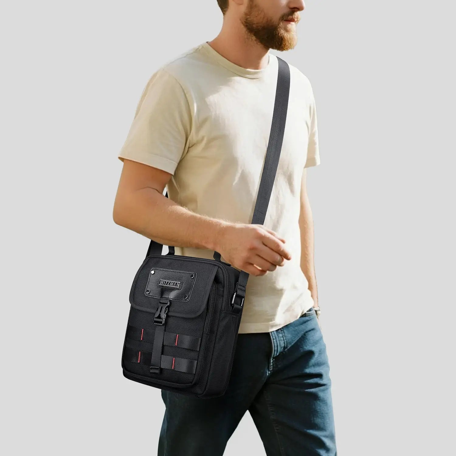 WITZMAN B708 men’s lightweight nylon crossbody bag with front MOLLE webbing - black messenger bag