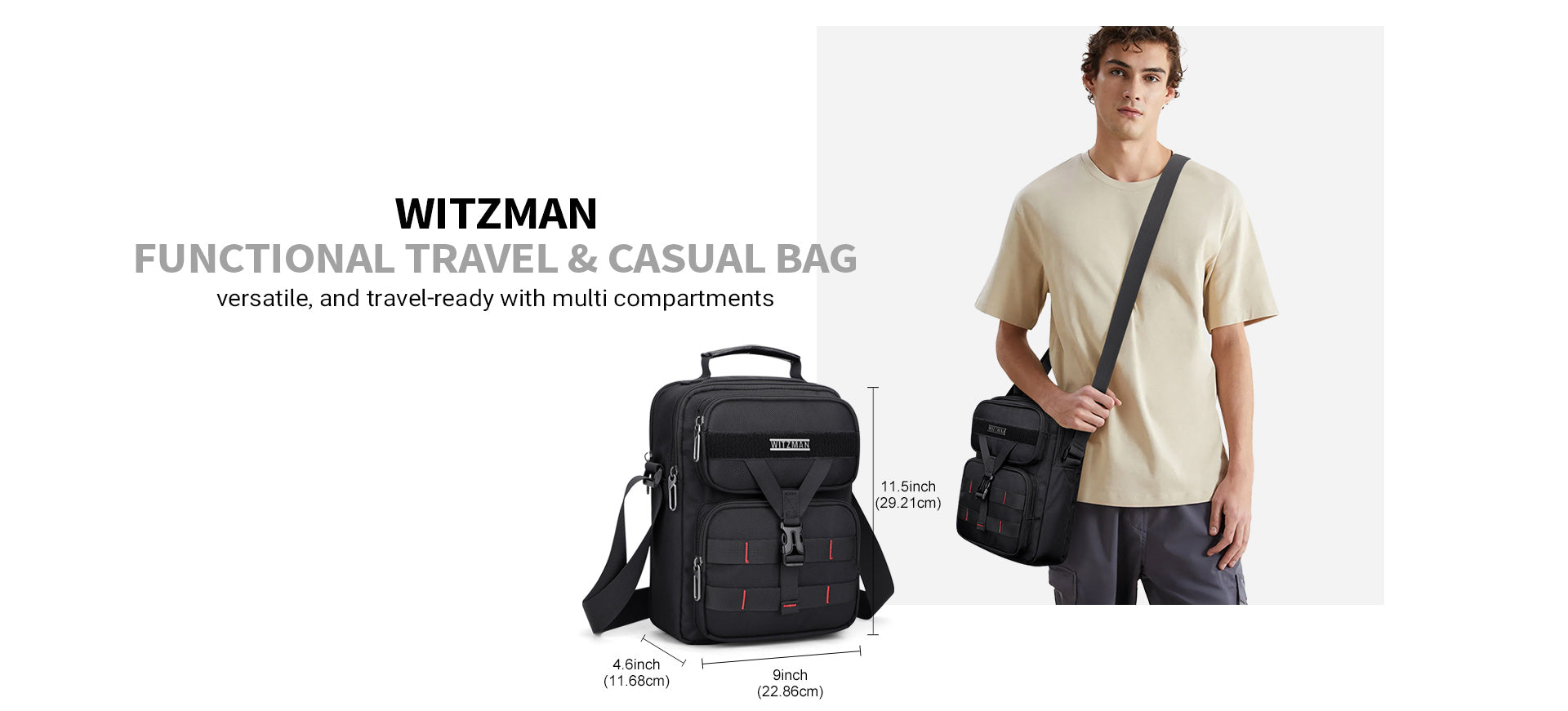 WITZMAN B707 nylon crossbody bag size and specs for men’s travel sling use