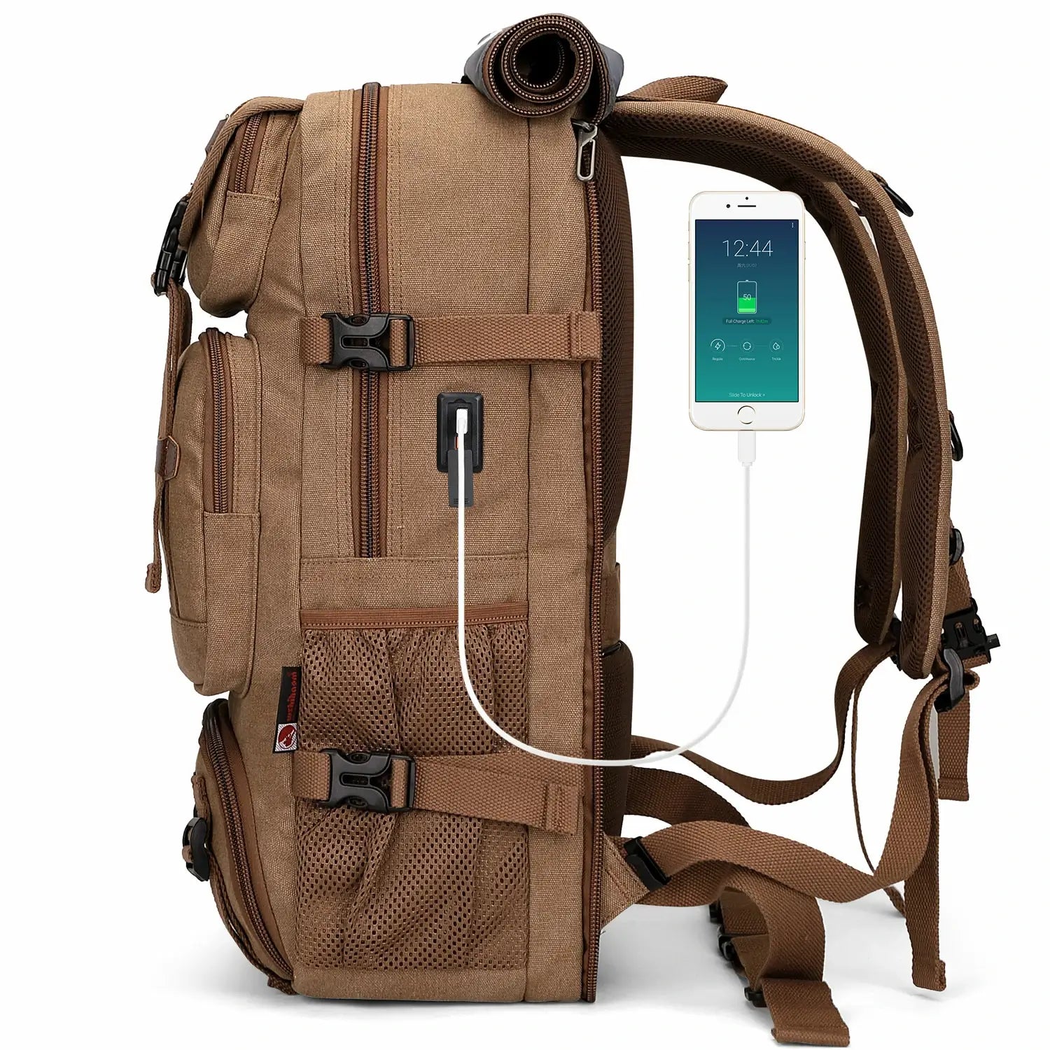 Convertible 40L travel backpack with USB port and 18+ compartments, fits 17 inch laptop, ideal for men and women a8013 brown bag