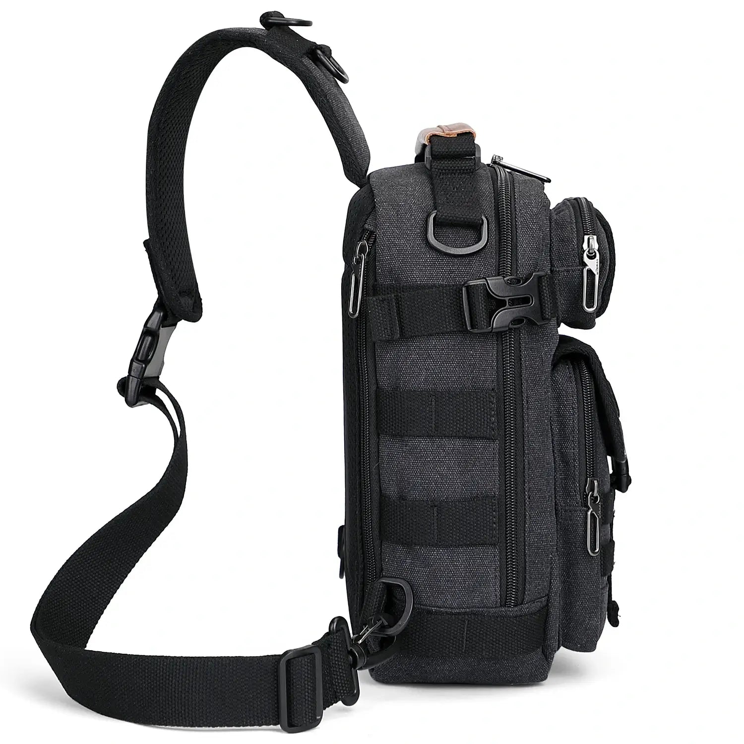 Casual men’s canvas sling bag with tactical webbing, padded iPad sleeve, and anti-theft pocket. Ideal for daily carry, travel, and city commuting.-black bag a8021 witzman