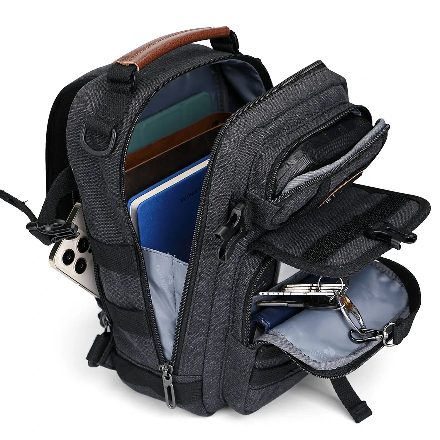 Casual men’s canvas sling bag with tactical webbing, padded iPad sleeve, and anti-theft pocket. Ideal for daily carry, travel, and city commuting.-black bag a8021 witzman