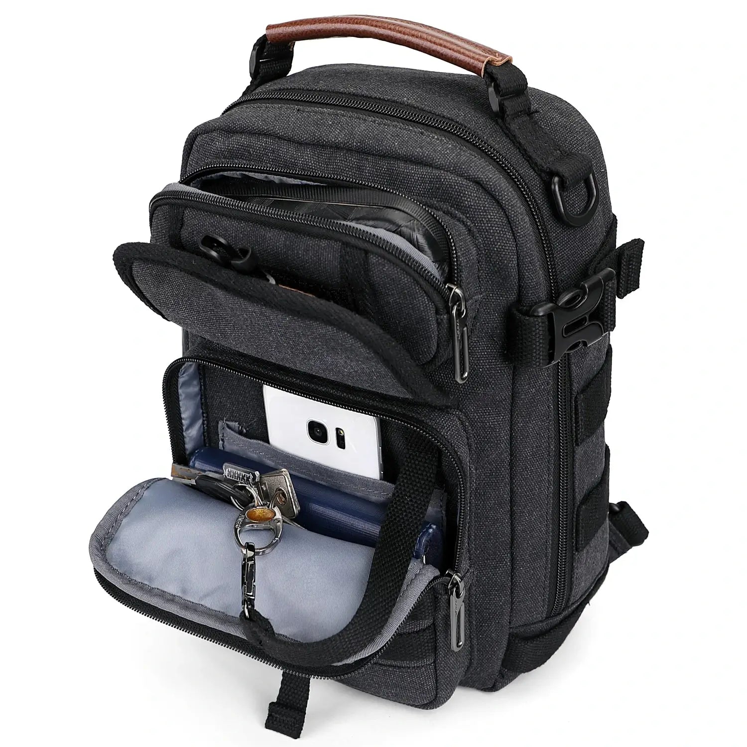 Casual men’s canvas sling bag with tactical webbing, padded iPad sleeve, and anti-theft pocket. Ideal for daily carry, travel, and city commuting.-black bag a8021 witzman