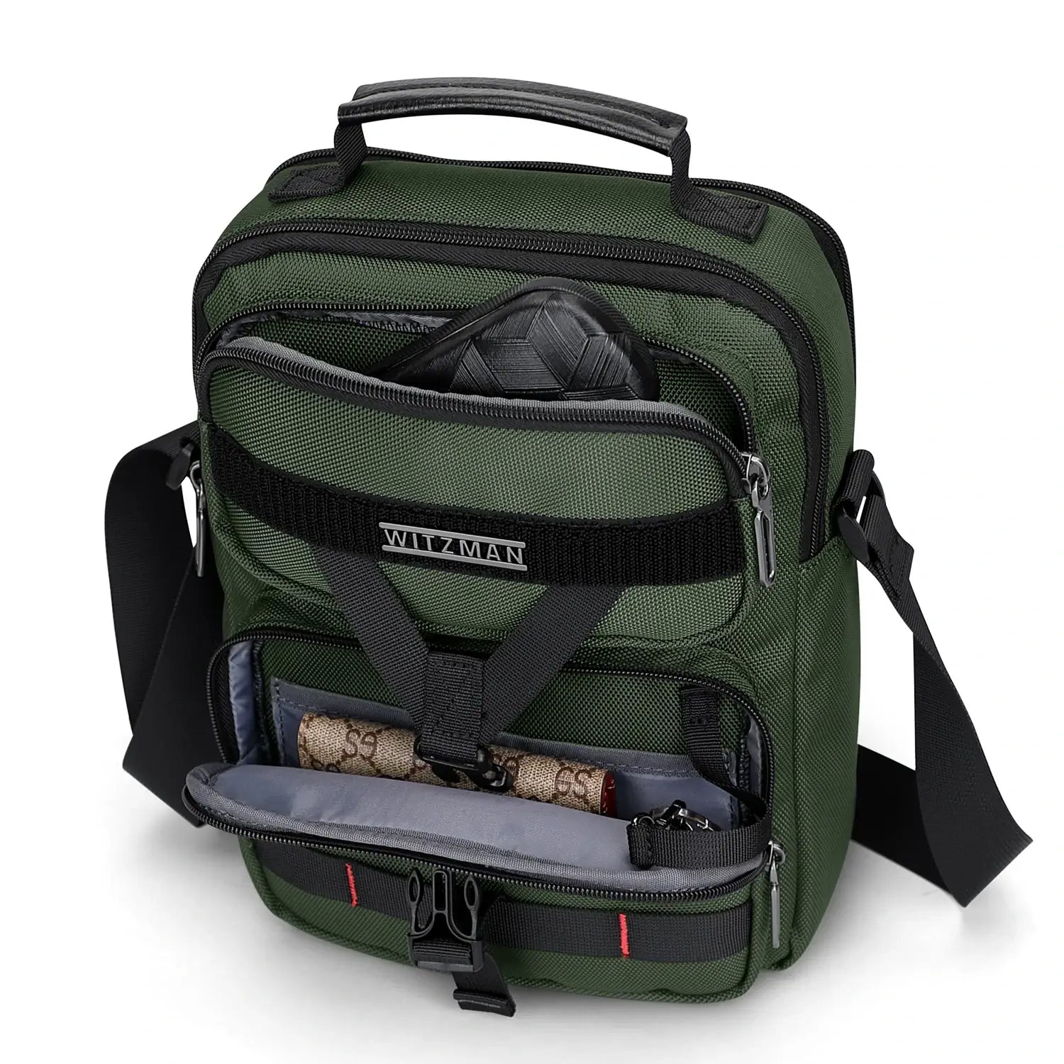 WITZMAN B707 nylon crossbody sling bag for men small travel shoulder messenger with anti-theft pocket and MOLLE webbing army green