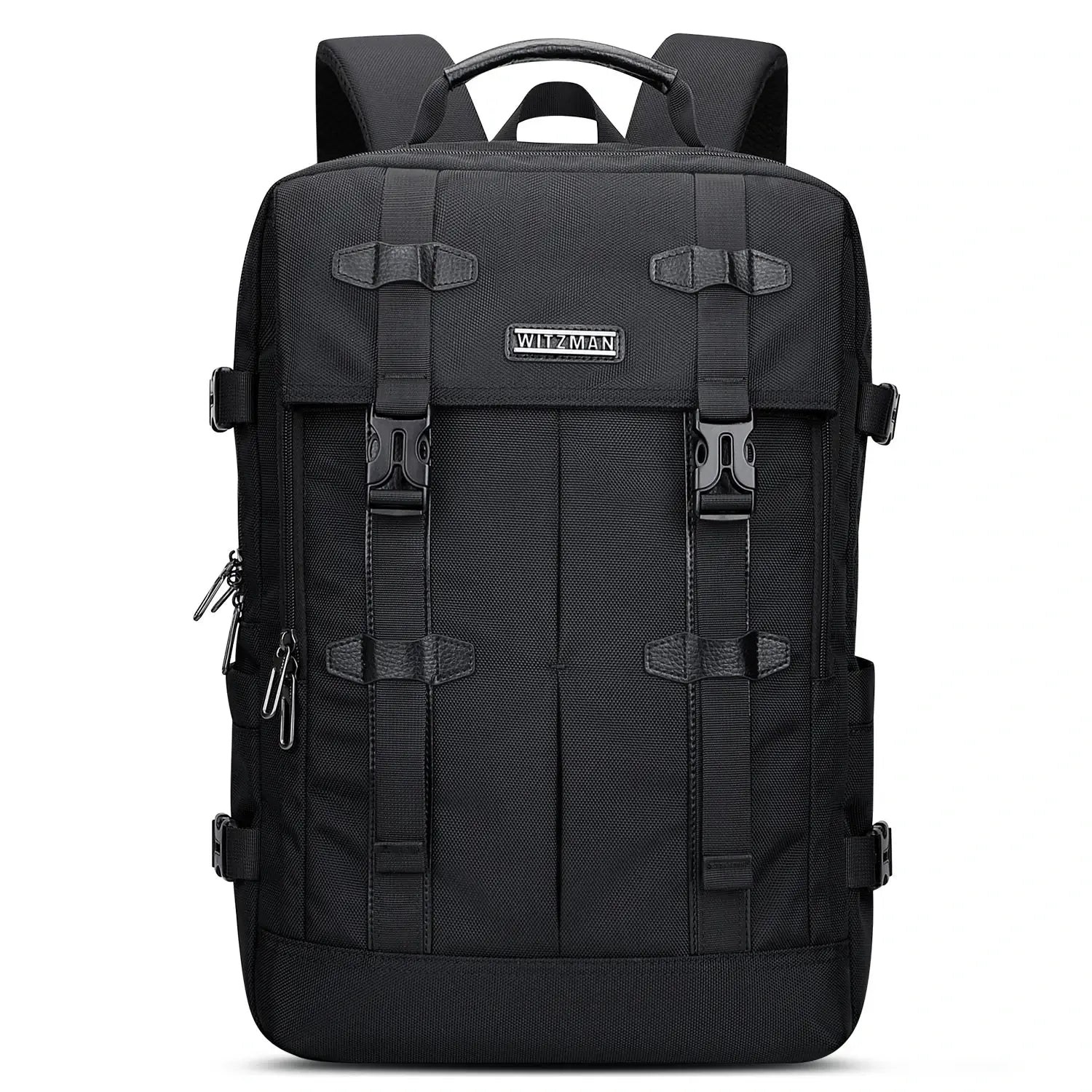 WITZMAN black nylon travel backpack for men with USB port and laptop compartment