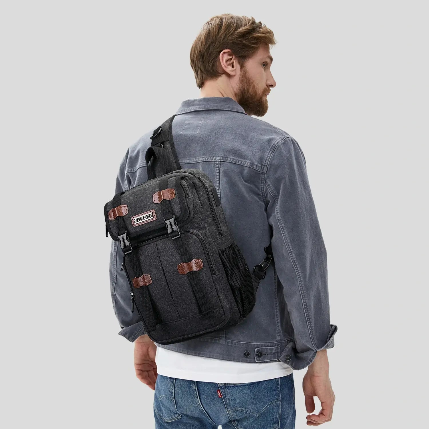 Men’s Canvas Sling Bag with USB Port, Vintage Crossbody Chest Bag A8019