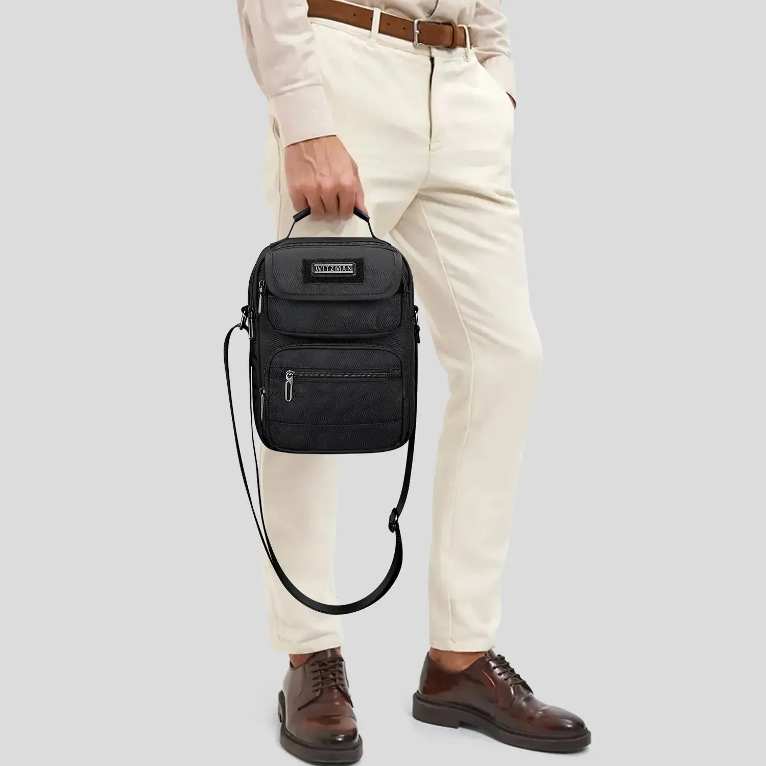 WITZMAN men’s black nylon crossbody sling bag with multiple compartments and iPad pocket B710 handle bag