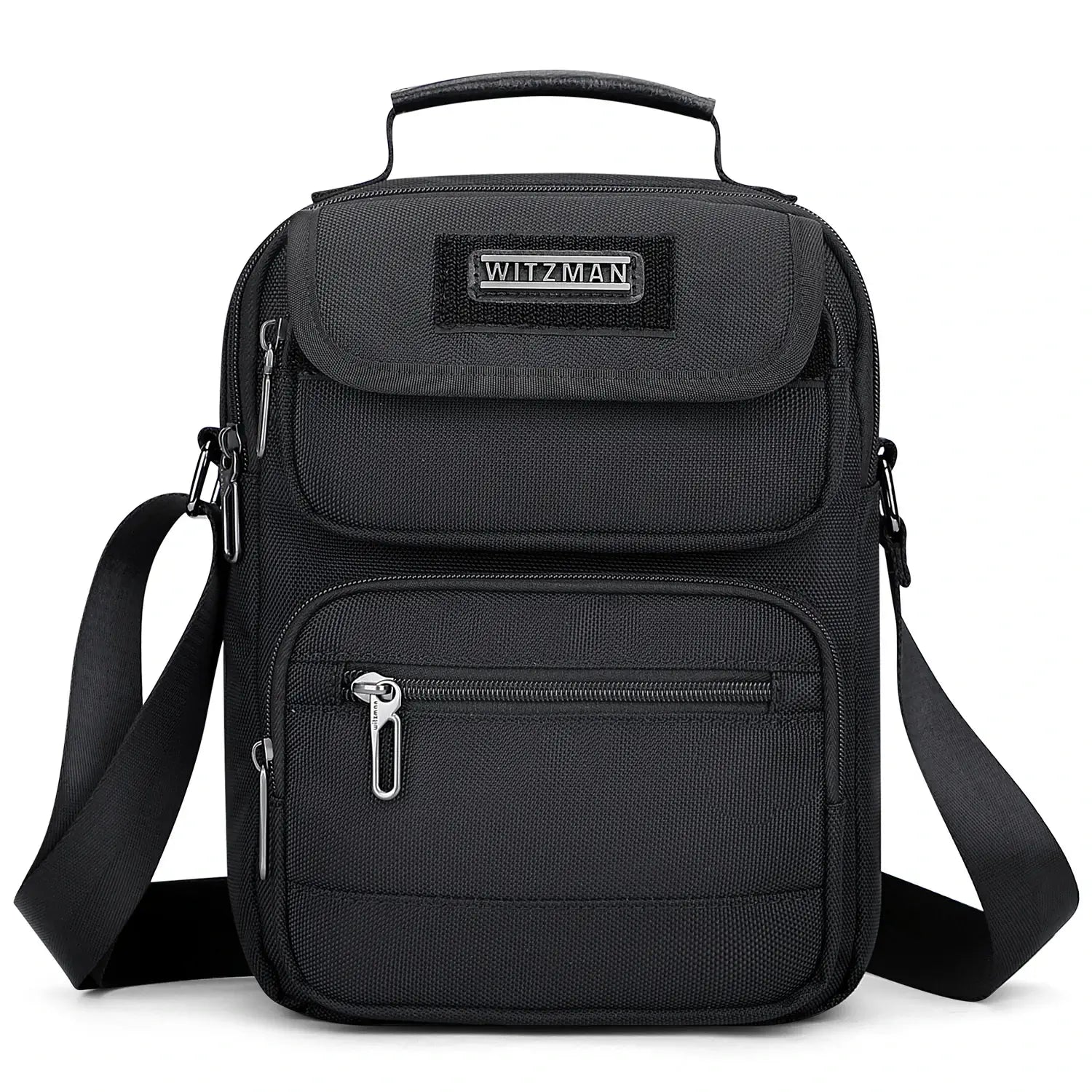 WITZMAN men’s black nylon crossbody sling bag with multiple compartments and iPad pocket B710