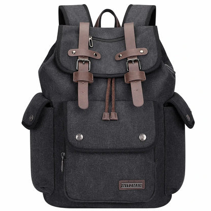 Canvas travel backpack with drawstring closure and laptop compartment for men and women a8004-2 black