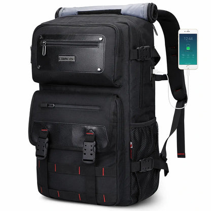 WITZMAN 45L convertible nylon travel backpack for men with USB port and multiple compartments b685