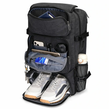 Convertible 40L travel backpack with USB port and 18+ compartments, fits 17 inch laptop, ideal for men and women a8013 best black backpack