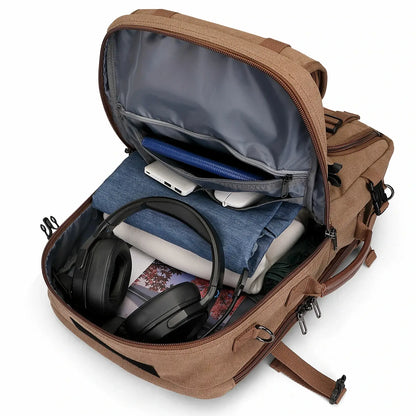 Convertible 40L travel backpack with USB port and 18+ compartments, fits 17 inch laptop, ideal for men and women a8013 brown backpacks