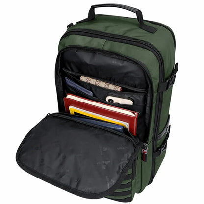B688 Best large travel backpack carry on luggage bag Green backpacks 45L with clamshell opening and multiple compartments - front pocket