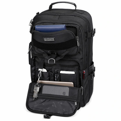 B688 Best large travel backpack carry on luggage bag black backpacks 45L with clamshell opening and multiple compartments - front pocket