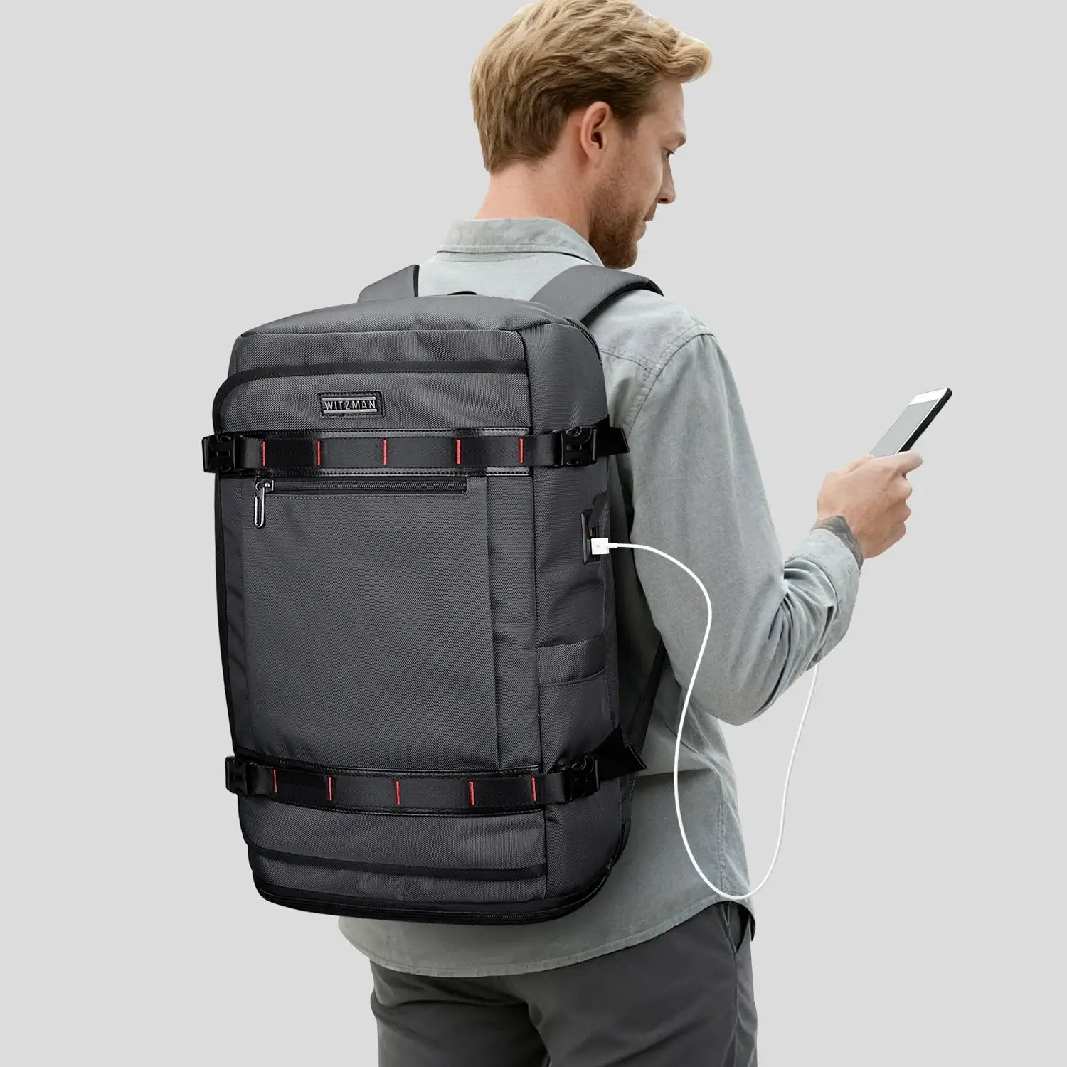 WITZMAN 35L sliver grey travel backpack for men nylon bag with usb port