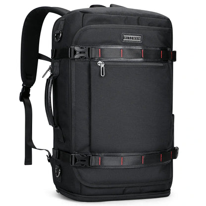 WITZMAN 35L black travel backpack for men with shoe compartment and USB port, TSA-friendly design