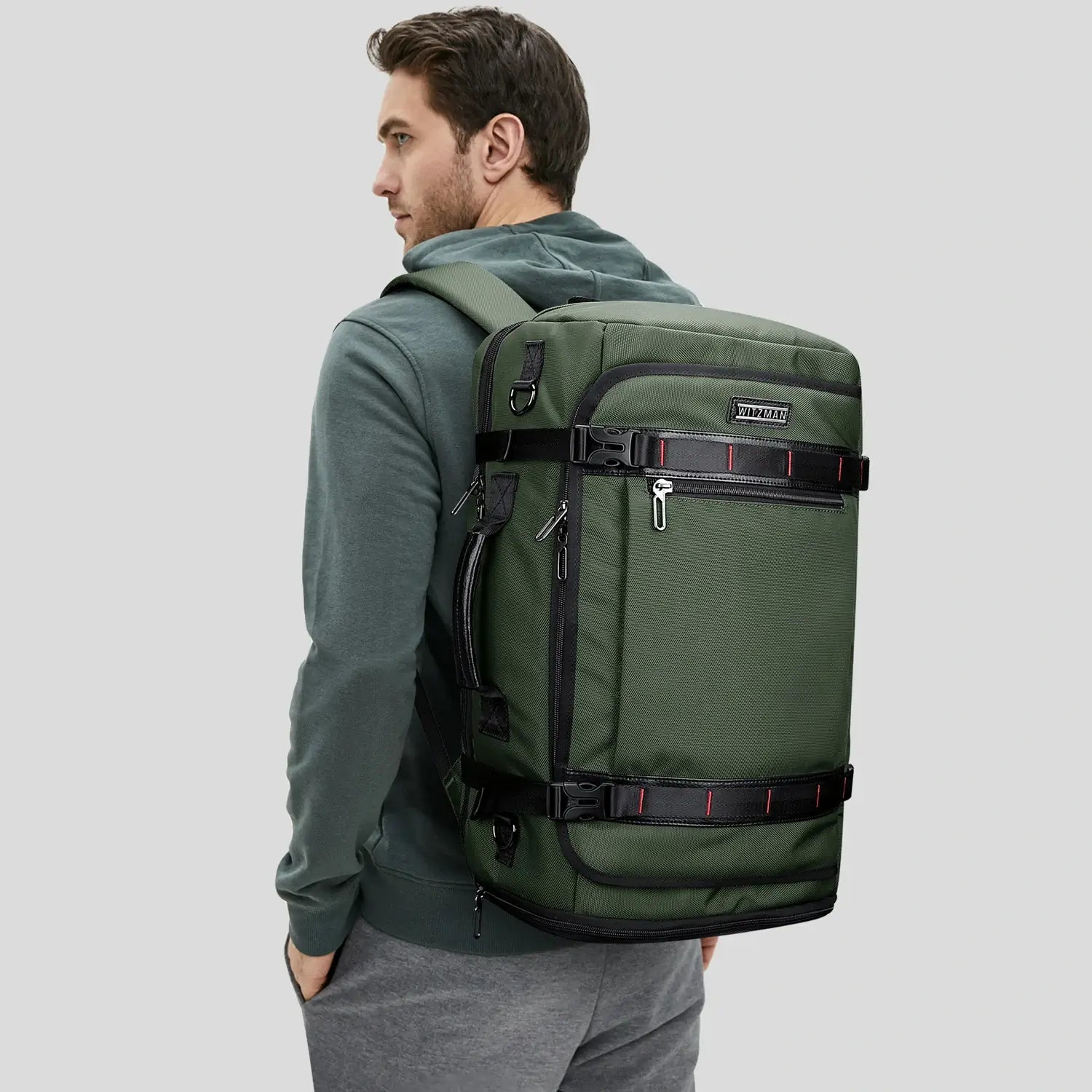 WITZMAN 35L army green travel backpack for men nylon carry on bag usb port