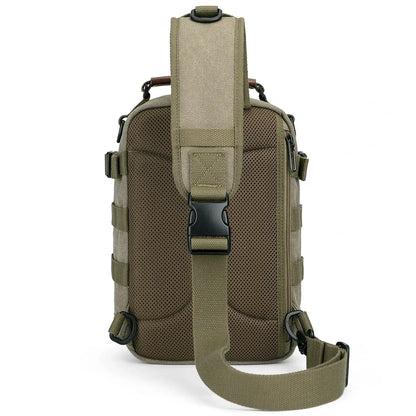 Casual men’s canvas sling bag with tactical webbing, padded iPad sleeve, and anti-theft pocket. Ideal for daily carry, travel, and city commuting.-green bag a8021 witzman