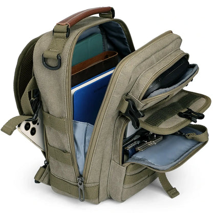 Casual men’s canvas sling bag with tactical webbing, padded iPad sleeve, and anti-theft pocket. Ideal for daily carry, travel, and city commuting.-green bag a8021 witzman
