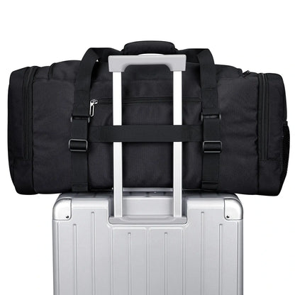 WITZMAN 54L black travel duffel bag for men with shoe compartment and wet-dry pocket luggage strap