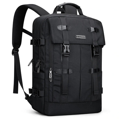 WITZMAN black nylon travel backpack for men with USB port and laptop compartment