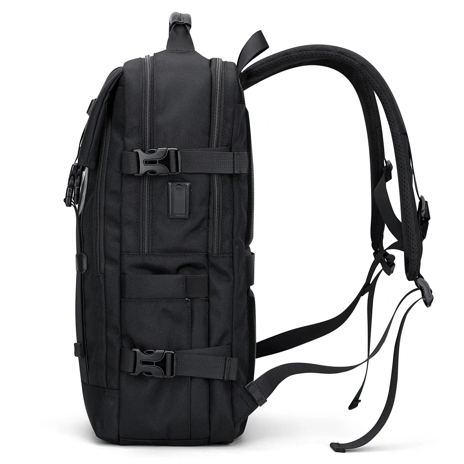 WITZMAN black nylon travel backpack for men with USB port and laptop compartment